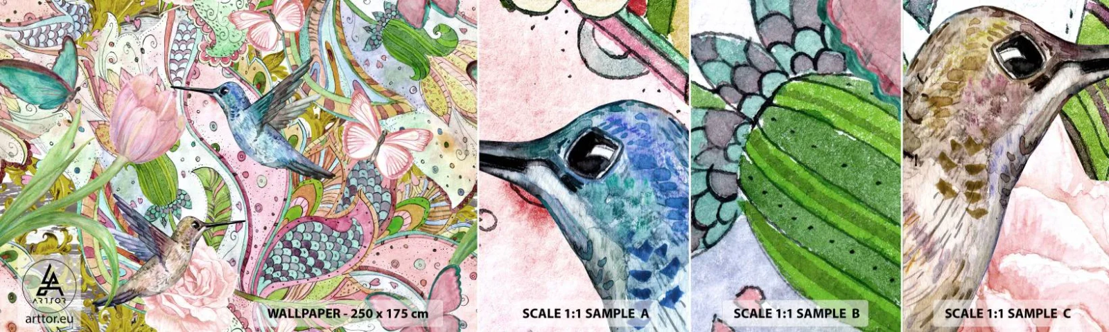 Fototapeten Muster Selbstklebend Deluxe Sticker - Verstrickt in Weinreben - Blumen, Vogel, Schmetterling - 100x30 cm