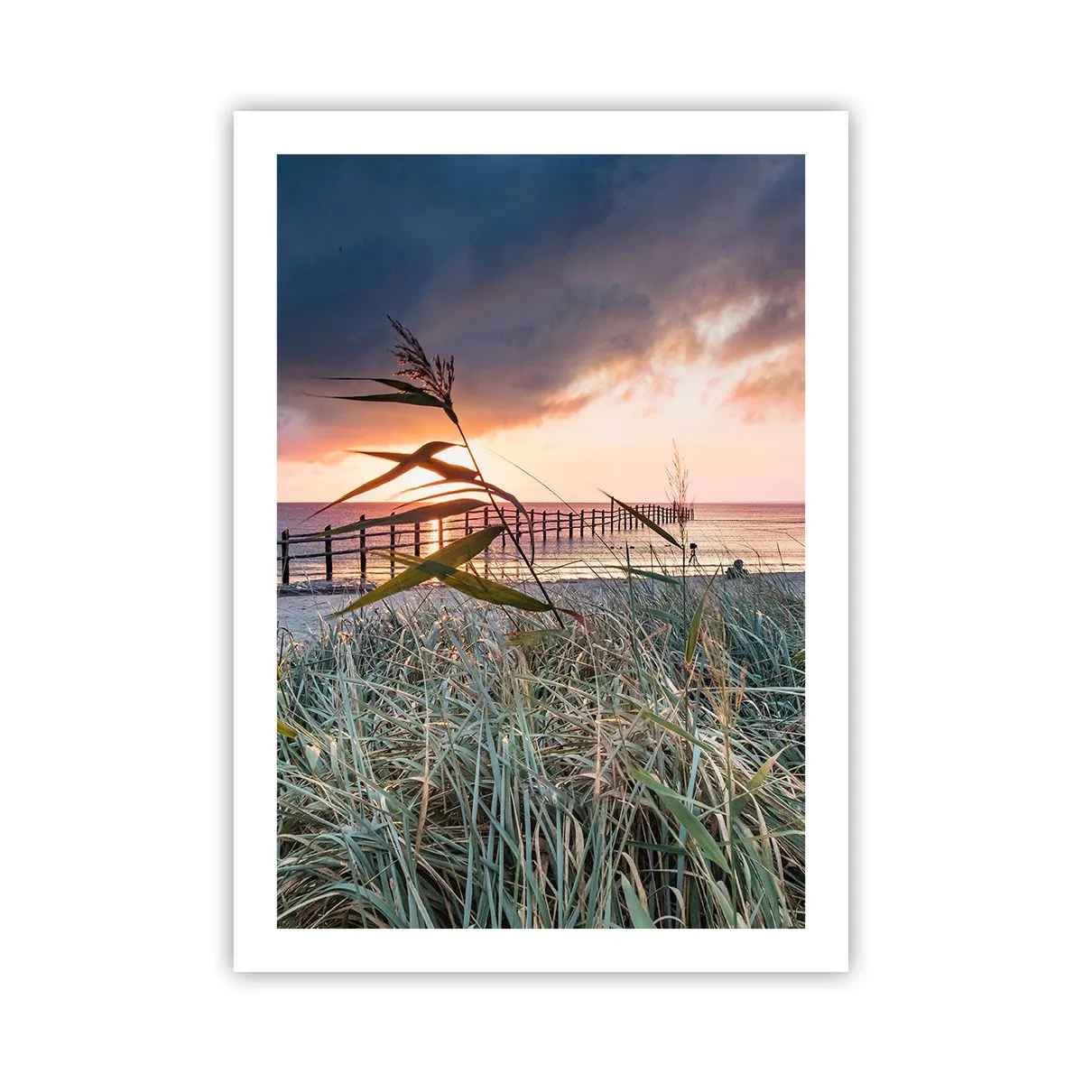 Poster - Ein Pier am Meer, umgeben von Gras bei Sonnenuntergang - 50x70cm - Es vergeht nicht mit dem Wind - Moderne Wanddekoration für Wohnzimmer und Schlafzimmer ARTTOR