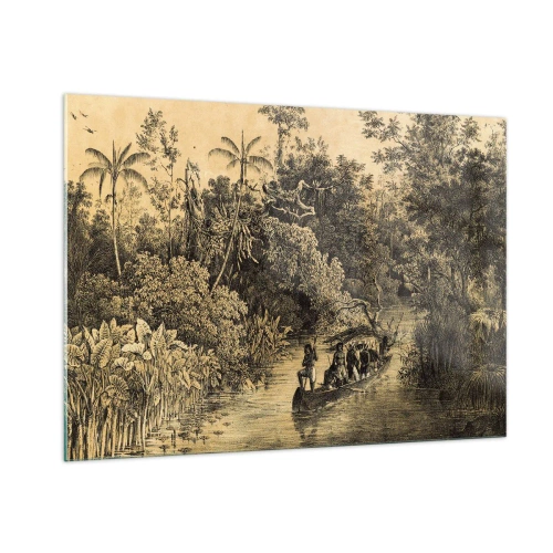 Glasbild - Bild auf glas - Retro-Druck, der eine Reise durch den Dschungel darstellt - 100x70cm - Expedition zur Quelle - Moderne Wanddekoration für Wohnzimmer und Schlafzimmer ARTTOR
