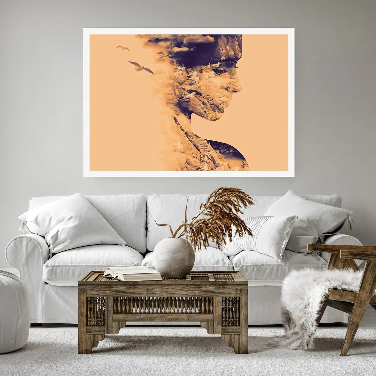 Poster - Profil einer Frau mit der Natur im Hintergrund in warmen Tönen - 100x70cm - Von Natur aus schön - Moderne Wanddekoration für Wohnzimmer und Schlafzimmer ARTTOR