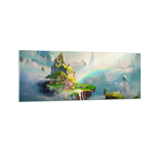 Glasbild - Bild auf glas - Fliegende Inseln zwischen den Wolken mit einem Regenbogen am Horizont - 140x50cm - Mitten am Himmel - glückliche Inseln - Moderne Wanddekoration für Wohnzimmer und Schlafzimmer ARTTOR