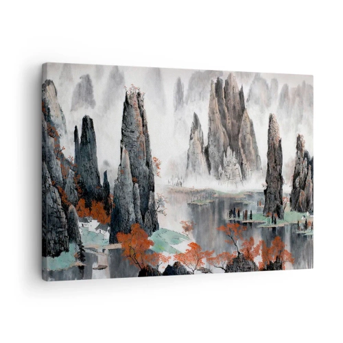 Bild auf Leinwand - Leinwandbild - Malerische Felsen und Bäume in der nebligen chinesischen Landschaft - 70x50cm - Mächtige Wächter - Moderne Wanddekoration für Wohnzimmer und Schlafzimmer ARTTOR