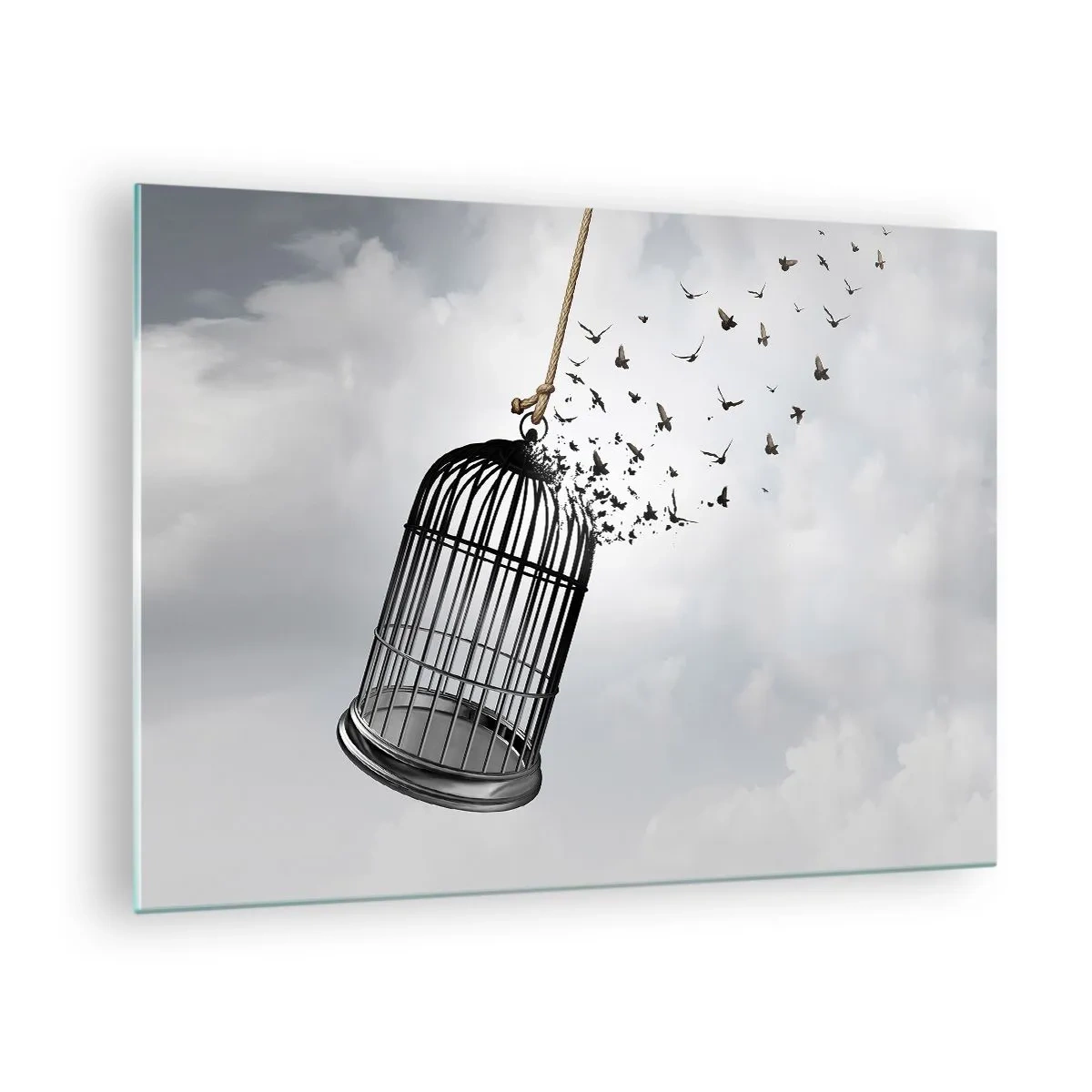 Glasbild - Bild auf glas - Die Öffnung des Käfigs und die Vögel, die aus ihm herausfliegen, gegen den Himmel - 70x50cm - Glaube ... Hoffnung ... Freiheit! - Moderne Wanddekoration für Wohnzimmer und Schlafzimmer ARTTOR