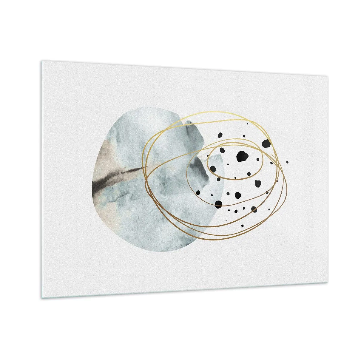 Glasbild - Bild auf glas - Abstrakte Komposition mit blauem Fleck und goldenen Linien - 100x70cm - Vom Weltraum umarmt - Moderne Wanddekoration für Wohnzimmer und Schlafzimmer ARTTOR