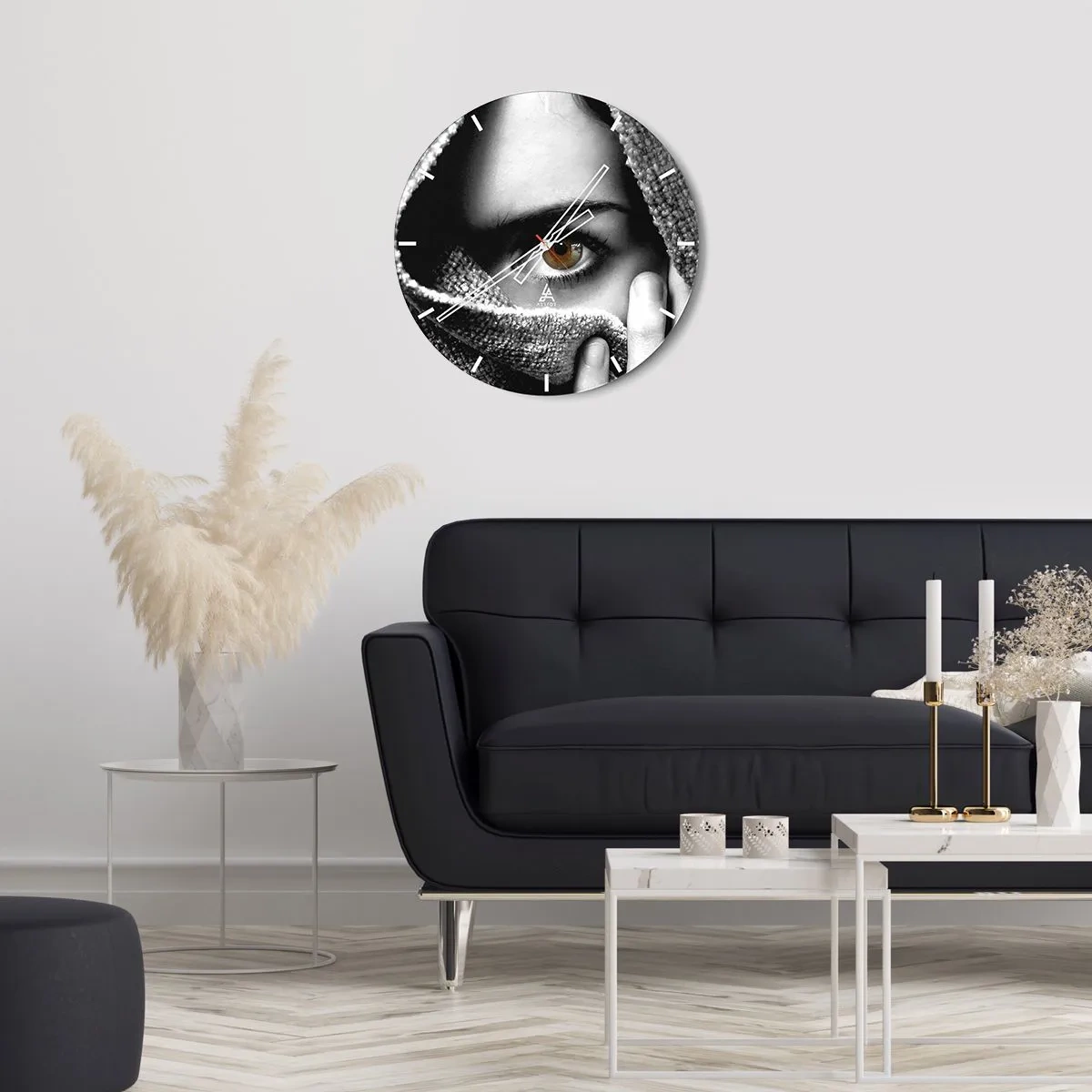 Wanduhr - Glasuhr - Schwarz-Weiß-Optik versteckt sich hinter dem Stoff - 30x30cm - Erfahre das Geheimnis - Moderne Wanddekoration für Wohnzimmer, Küche und Schlafzimmer ARTTOR