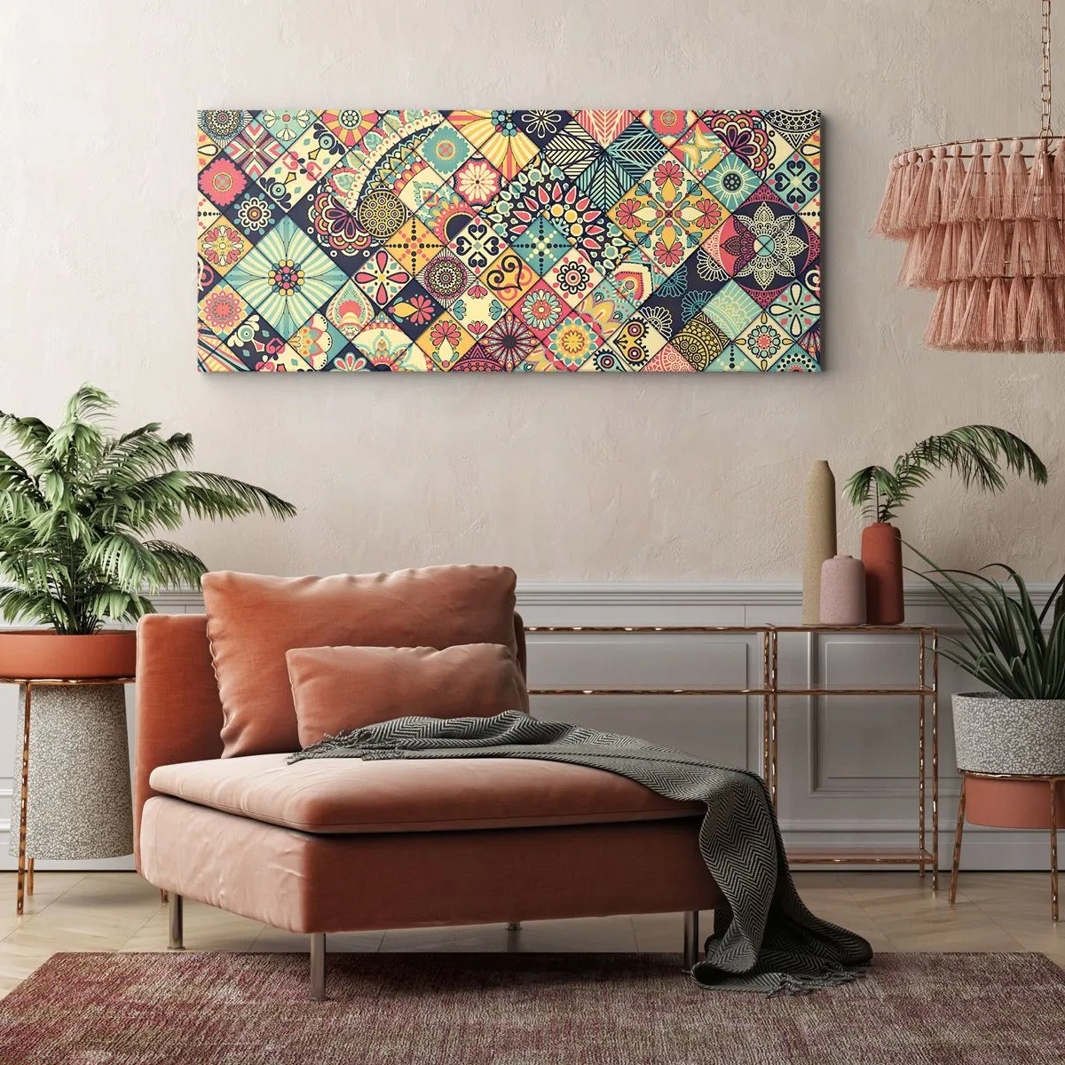 Bild auf Leinwand - Leinwandbild - Bunte geometrische Muster, inspiriert vom marokkanischen Stil - 160x50cm - marokkanische Atmosphäre - Moderne Wanddekoration für Wohnzimmer und Schlafzimmer ARTTOR