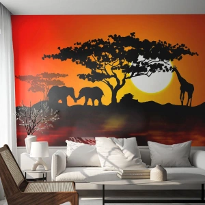 Fototapete Standard Eco - Afrikanische Savanne mit Sonnenuntergang und Tiersilhouetten - 100x70cm - Treffen in der Savanne - Moderne Wanddekoration für Wohnzimmer und Schlafzimmer ARTTOR