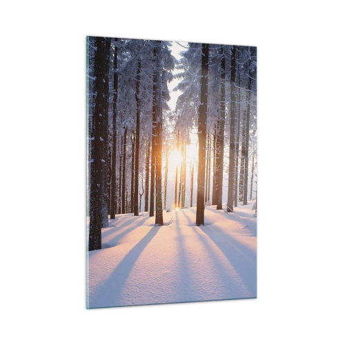 Glasbild - Bild auf glas - Winterwald mit Sonnenstrahlen, die durch die Bäume scheinen - 50x70cm - Ganz klar schwarz auf weiß - Moderne Wanddekoration für Wohnzimmer und Schlafzimmer ARTTOR