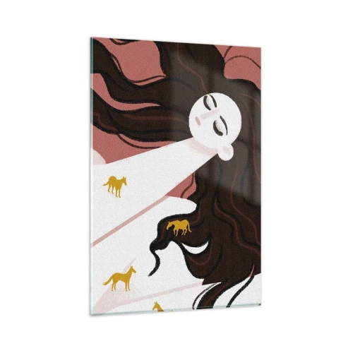 Glasbild - Bild auf glas - Eine Figur mit geschlossenen Augen, umgeben von goldenen Pferden - 80x120cm - Traum von einem goldenen Pferd - Moderne Wanddekoration für Wohnzimmer und Schlafzimmer ARTTOR