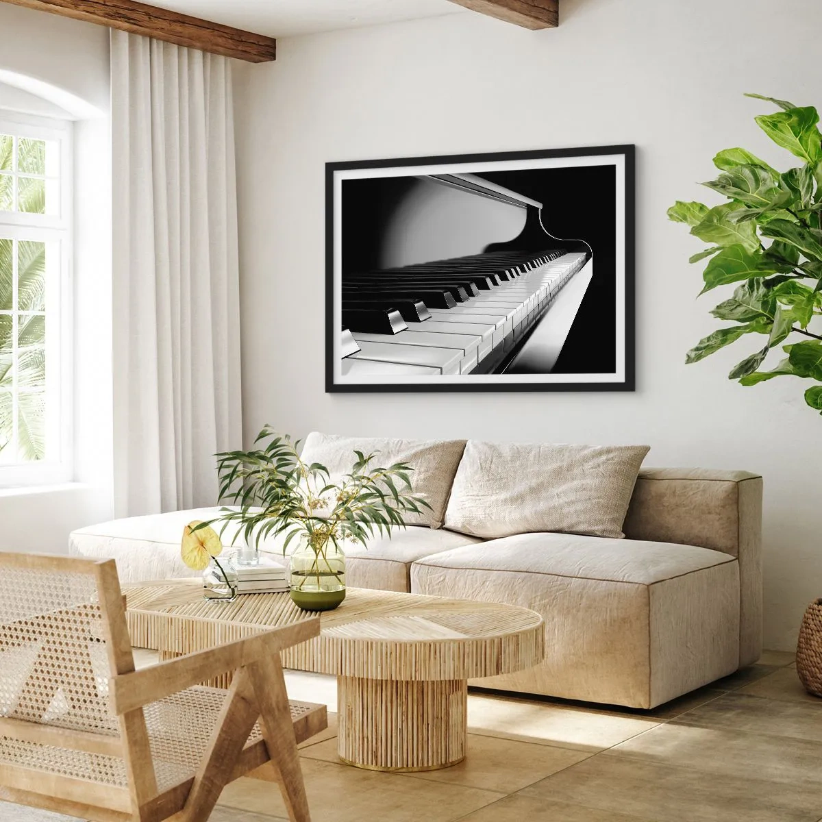 Poster in einem schwarzem Rahmen - Klaviertasten in einer eleganten Schwarz-Weiß-Aufnahme - 70x50cm - Harmonie von Formen und Farben - Moderne Wanddekoration für Wohnzimmer und Schlafzimmer ARTTOR