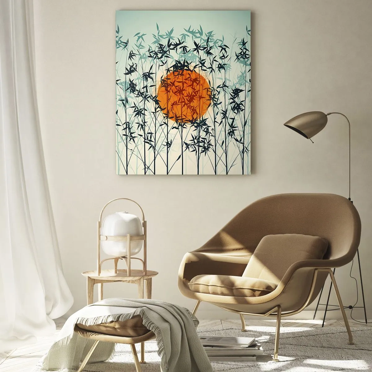 Glasbild - Bild auf glas - Orange Sonne zwischen den Bambuszweigen - 80x120cm - Japanische Sonne - Moderne Wanddekoration für Wohnzimmer und Schlafzimmer ARTTOR