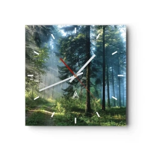 Wanduhr - Glasuhr - Ein Waldweg, beleuchtet von den Strahlen der Morgensonne - 30x30cm - Strahlend am Morgen - Moderne Wanddekoration für Wohnzimmer und Schlafzimmer ARTTOR