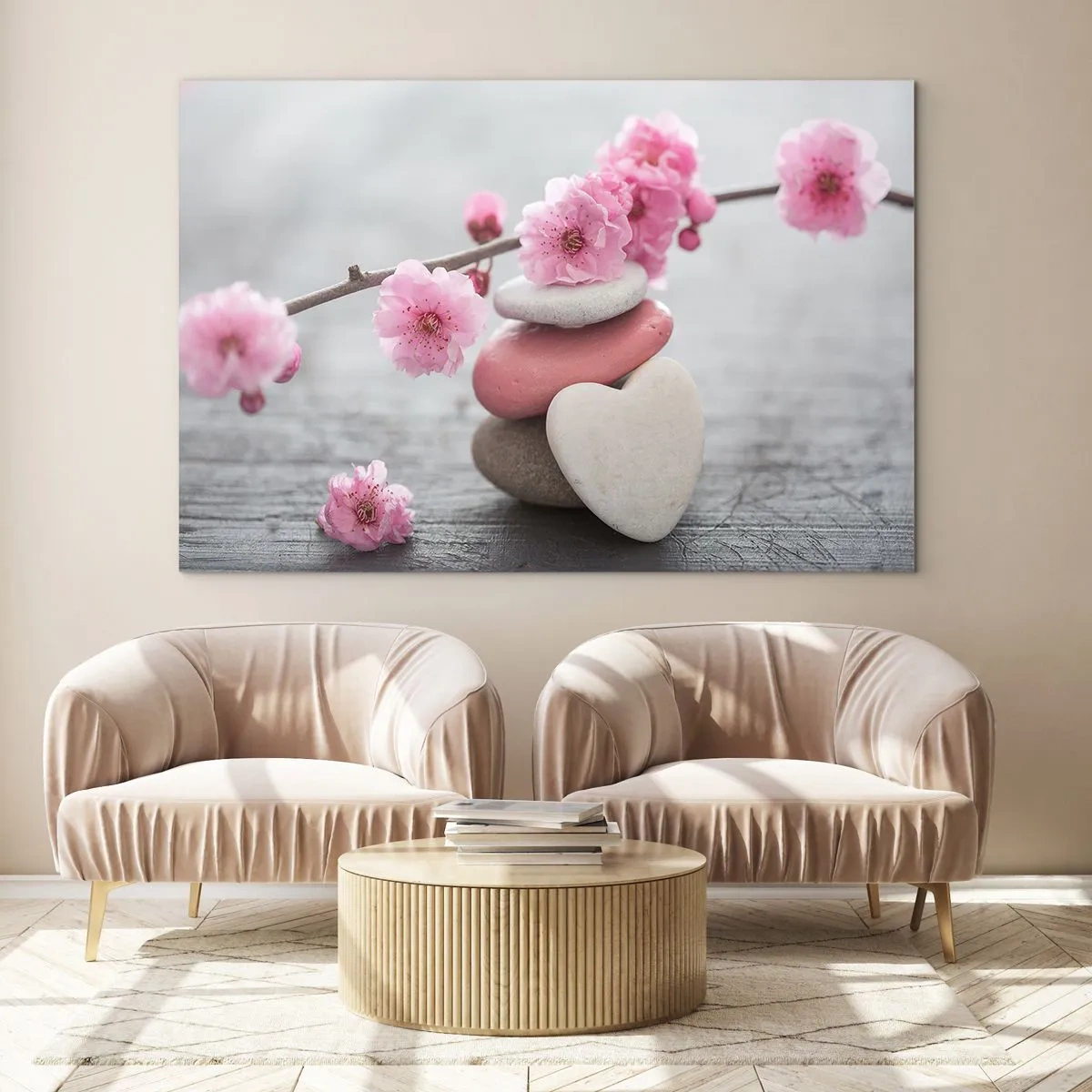 Glasbild - Bild auf glas - Rosa Kirschblüten und herzförmige Steine - 100x70cm - Glückseligkeit mit einer Kirschblüte - Moderne Wanddekoration für Wohnzimmer und Schlafzimmer ARTTOR