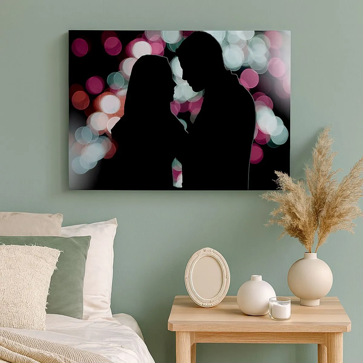 Bild auf Leinwand - Leinwandbild - Silhouetten eines Paares vor dem Hintergrund bunter Bokeh-Lichter - 70x50cm - Jawohl! - Moderne Wanddekoration für Wohnzimmer und Schlafzimmer ARTTOR