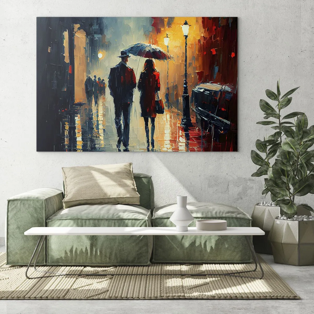 Glasbild - Bild auf glas - Ein Paar mit einem Regenschirm geht nachts eine nasse Straße entlang. - 100x70cm - Urbane Liebesgeschichte - Moderne Wanddekoration für Wohnzimmer und Schlafzimmer ARTTOR
