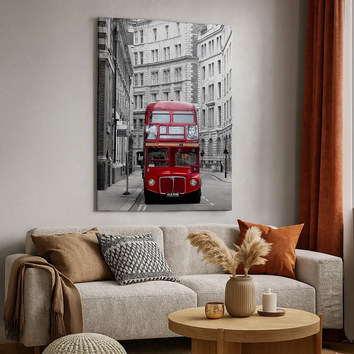 Bild auf Leinwand - Leinwandbild - Ein roter Bus vor einem Hintergrund aus schwarz-weißen Stadtgebäuden. - 50x70cm - Der Alltag muss nicht grau sein - Moderne Wanddekoration für Wohnzimmer und Schlafzimmer ARTTOR
