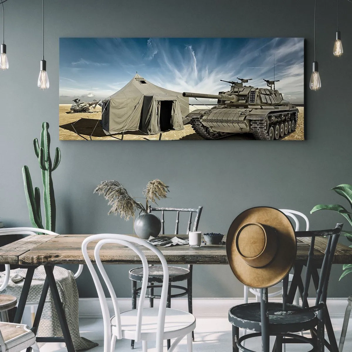 Bild auf Leinwand - Leinwandbild - Ein Panzer neben einem Militärzelt in einer Wüstengegend - 140x50cm - Ein militärischer Traum - Moderne Wanddekoration für Wohnzimmer und Schlafzimmer ARTTOR