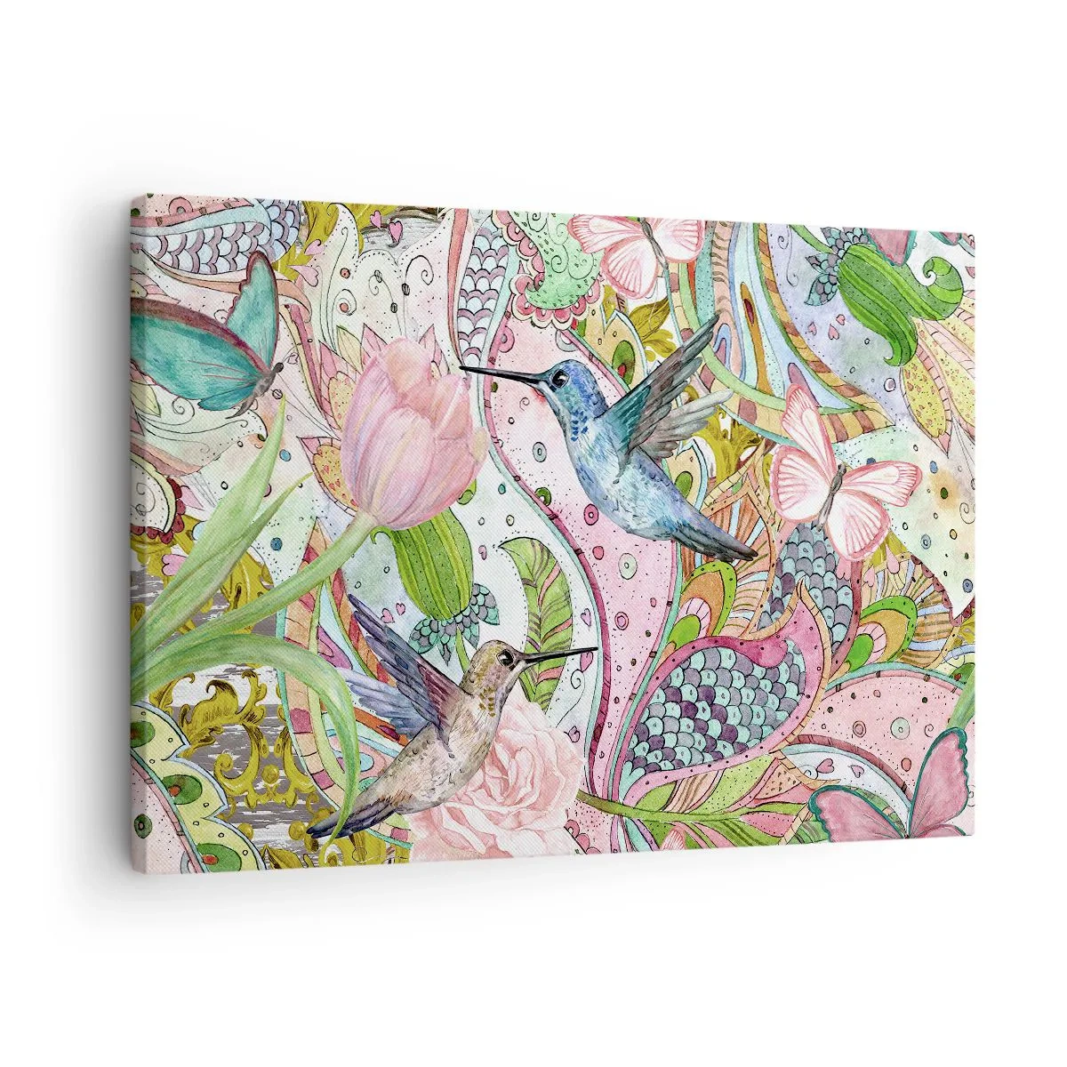 Bild auf Leinwand - Leinwandbild - Bunte Kolibris und Schmetterlinge zwischen den Pflanzen - 70x50cm - Verstrickt in Weinreben - Moderne Wanddekoration für Wohnzimmer und Schlafzimmer ARTTOR