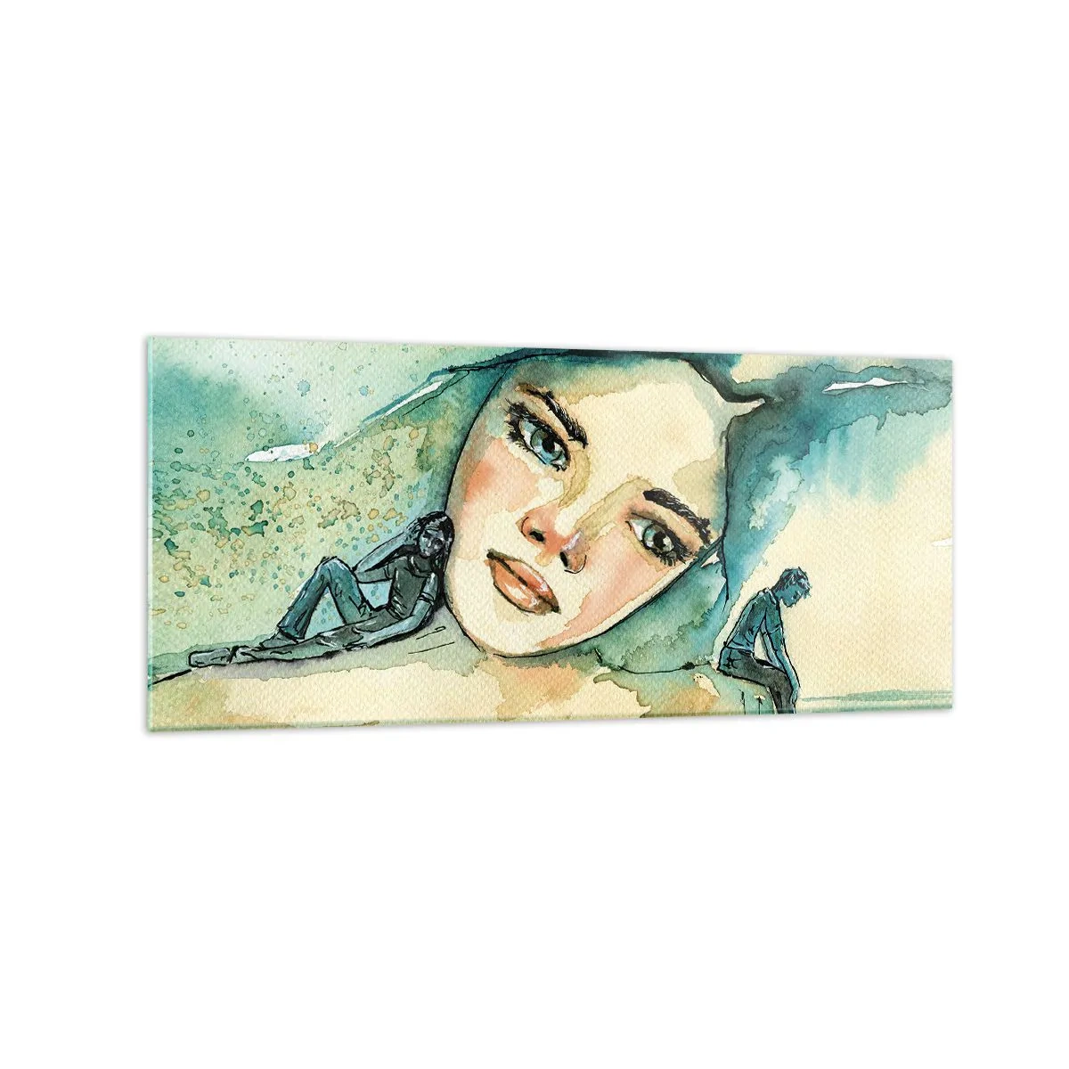 Glasbild - Bild auf glas - Aquarell eines Frauengesichts mit reflektierendem Motiv - 120x50cm - Bin ich blau? - Moderne Wanddekoration für Wohnzimmer und Schlafzimmer ARTTOR