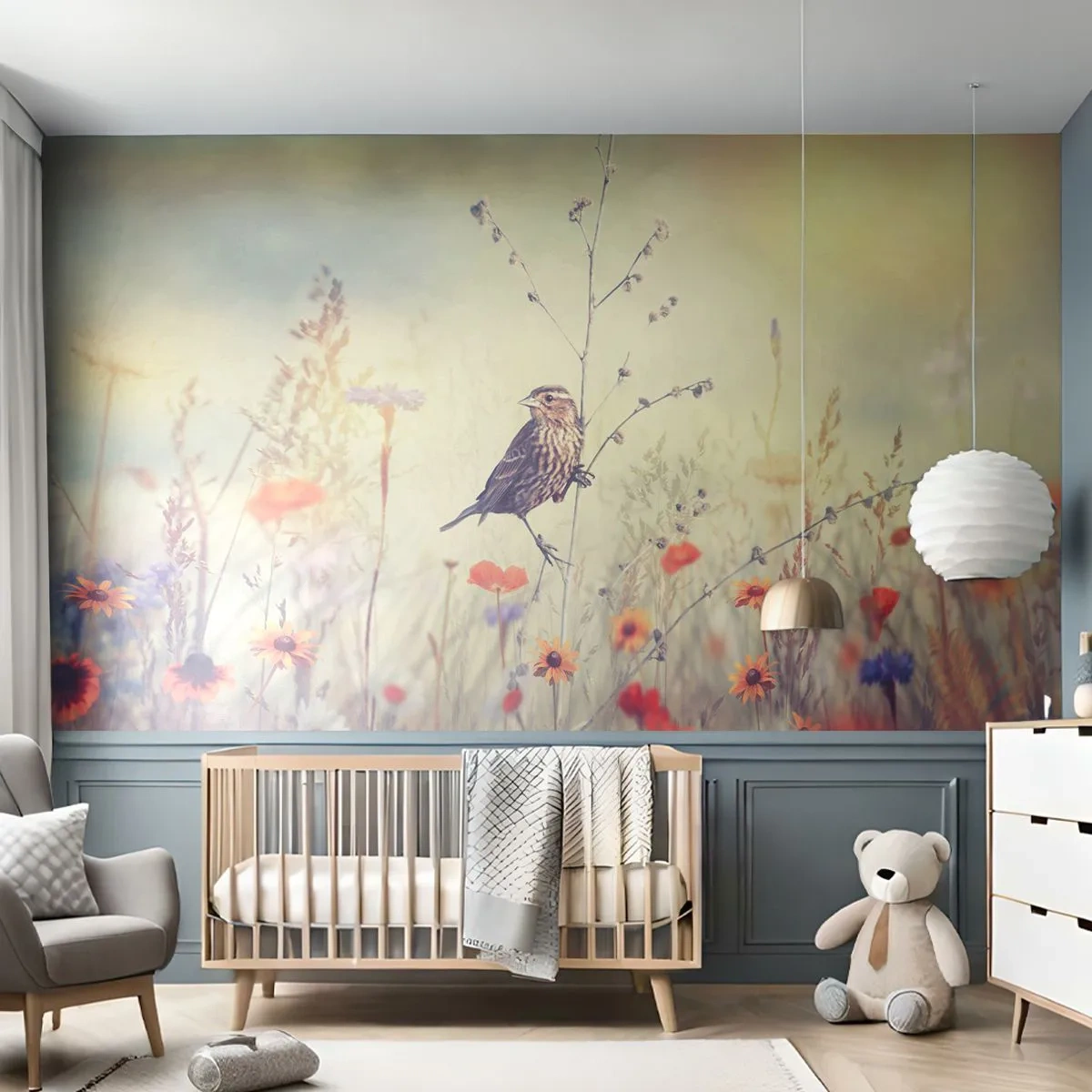 Fototapete Premium Canvas - Vogelporträt mit einer Wiese im Hintergrund - Vogel, Wiese, Natur - 250x175 cm