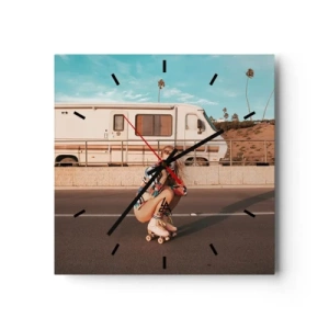 Wanduhr - Glasuhr - Ein Mädchen auf Rollschuhen macht an einem sonnigen Tag ein Foto. - 30x30cm - Lächel bitte! - Moderne Wanddekoration für Wohnzimmer und Schlafzimmer ARTTOR