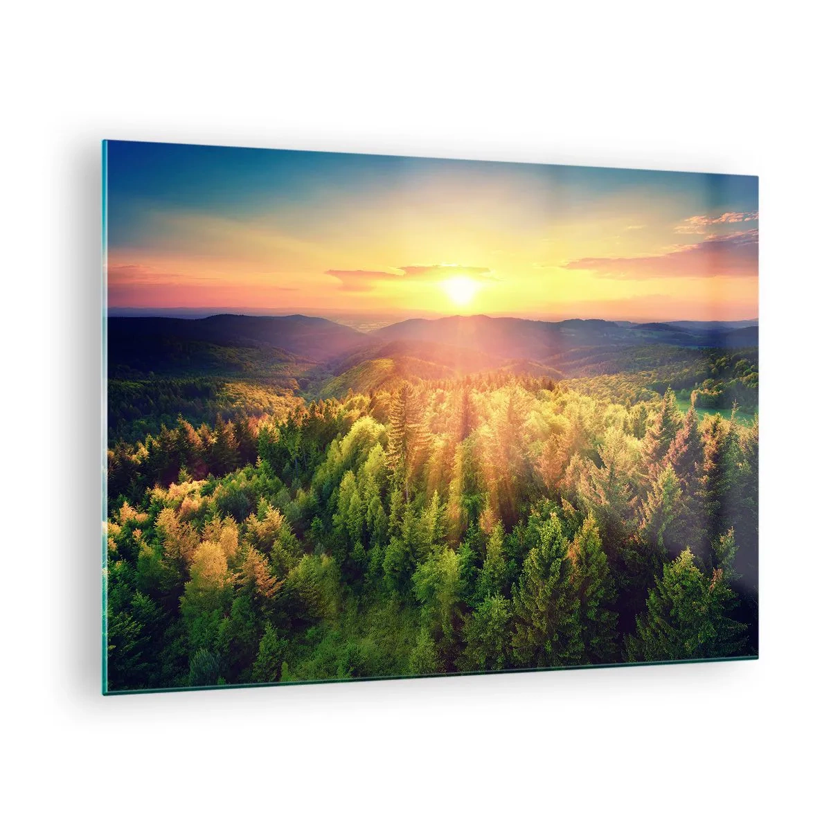 Glasbild - Bild auf glas - Sonnenuntergang über einem Bergwald mit Blick auf die Täler - 70x50cm - Scheitelpunkte und Spitzen - Moderne Wanddekoration für Wohnzimmer und Schlafzimmer ARTTOR