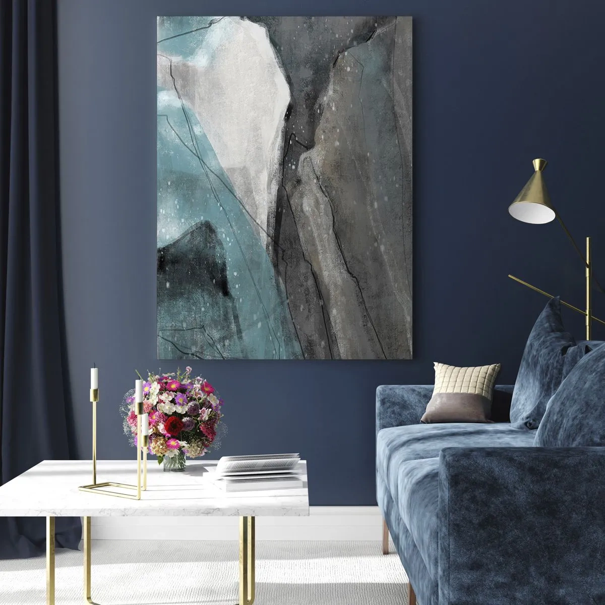 Glasbild - Bild auf glas - Eine abstrakte Darstellung von Felsen und Eis in einer kühlen Farbpalette. - 50x70cm - Abstraktion: Felsen und Eis - Moderne Wanddekoration für Wohnzimmer und Schlafzimmer ARTTOR