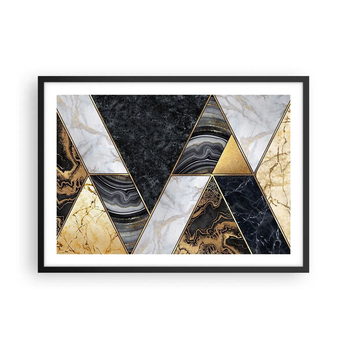 Poster in einem schwarzem Rahmen - Geometrische Dreiecke in Gold, Marmor und dunklen Farbtönen - 70x50cm - Stein um Stein - Moderne Wanddekoration für Wohnzimmer und Schlafzimmer ARTTOR