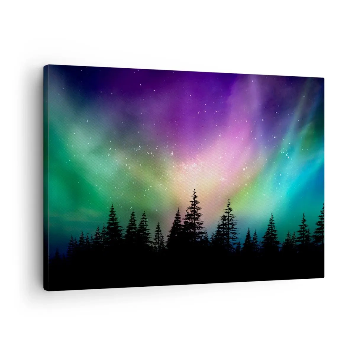 Bild auf Leinwand - Leinwandbild - Aurora Borealis über einem Wald mit Sternenhimmel - 70x50cm - weiße Magie - Moderne Wanddekoration für Wohnzimmer und Schlafzimmer ARTTOR
