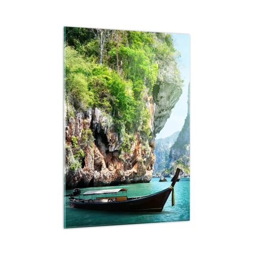 Glasbild - Bild auf glas - Ein traditionelles Boot auf türkisfarbenem Wasser zwischen Klippen - 50x70cm - Eine Einladung zu einer exotischen Reise - Moderne Wanddekoration für Wohnzimmer und Schlafzimmer ARTTOR