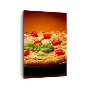 Bild auf Leinwand - Leinwandbild - Pizza mit Tomaten und Basilikum auf einem Holztisch - 50x70cm - Mamma Mia! - Moderne Wanddekoration für Wohnzimmer und Schlafzimmer ARTTOR
