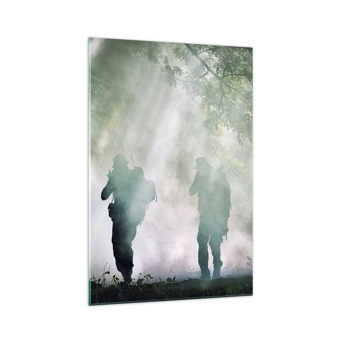 Glasbild - Bild auf glas - Silhouetten von Soldaten in einem Wald, umgeben von Nebel - 70x100cm - Einer für alle… - Moderne Wanddekoration für Wohnzimmer und Schlafzimmer ARTTOR