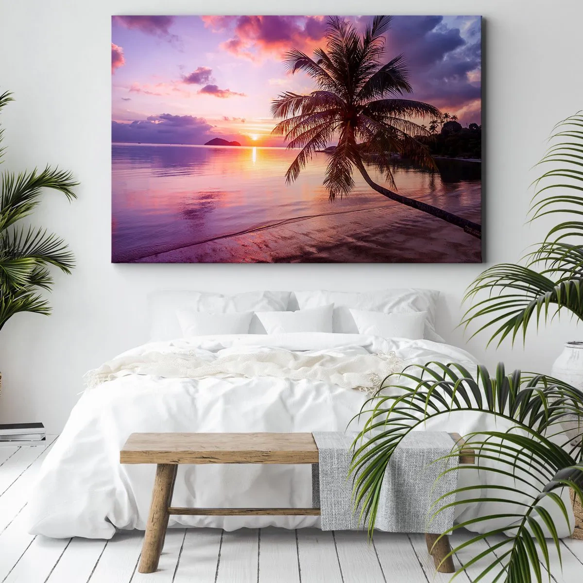 Bild auf Leinwand - Leinwandbild - Tropischer Strand mit Palmen bei Sonnenuntergang - 120x80cm - Behaglichkeit bis zum Horizont - Moderne Wanddekoration für Wohnzimmer und Schlafzimmer ARTTOR