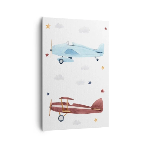 Bild auf Leinwand - Leinwandbild - Handbemalte Flugzeuge vor einem Hintergrund aus Wolken und Sternen - 80x120cm - Wir warten, Herr Pilot! - Moderne Wanddekoration für Wohnzimmer und Schlafzimmer ARTTOR