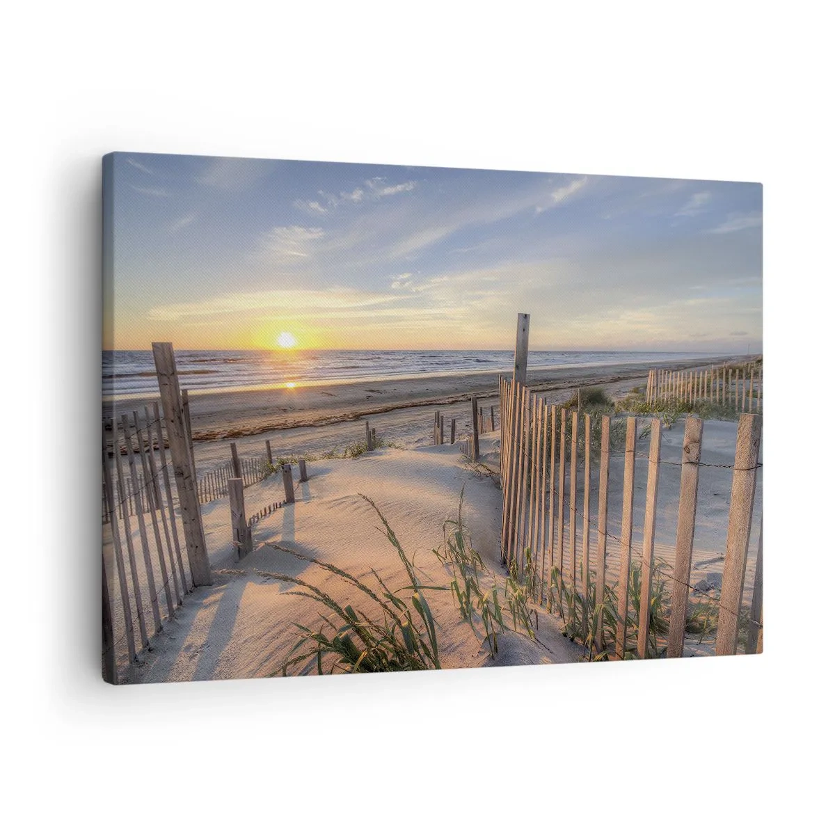 Bild auf Leinwand - Leinwandbild - Sonnenuntergangsstrand mit Holzzaun - 70x50cm - Schein und Schatten des Windes - Moderne Wanddekoration für Wohnzimmer und Schlafzimmer ARTTOR