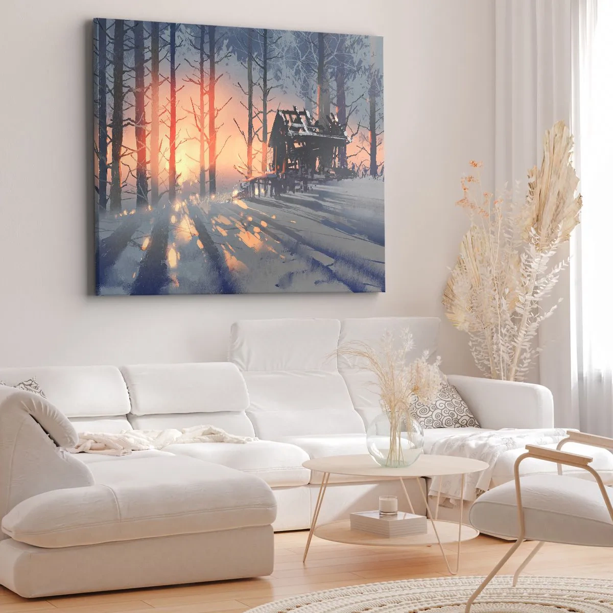 Bild auf Leinwand - Leinwandbild - Ein Waldhäuschen in einer Winterlandschaft mit den Strahlen der untergehenden Sonne - 70x50cm - Hier sieht nur die Sonne rein - Moderne Wanddekoration für Wohnzimmer und Schlafzimmer ARTTOR