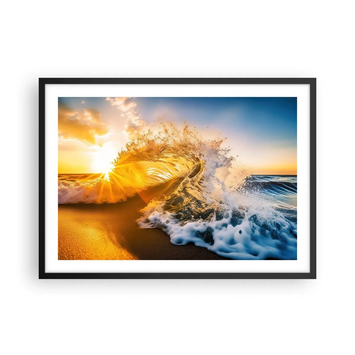 Poster in einem schwarzem Rahmen - Eine goldene Welle vor dem Hintergrund der untergehenden Sonne - 70x50cm - Spaß im Sand - Moderne Wanddekoration für Wohnzimmer und Schlafzimmer ARTTOR