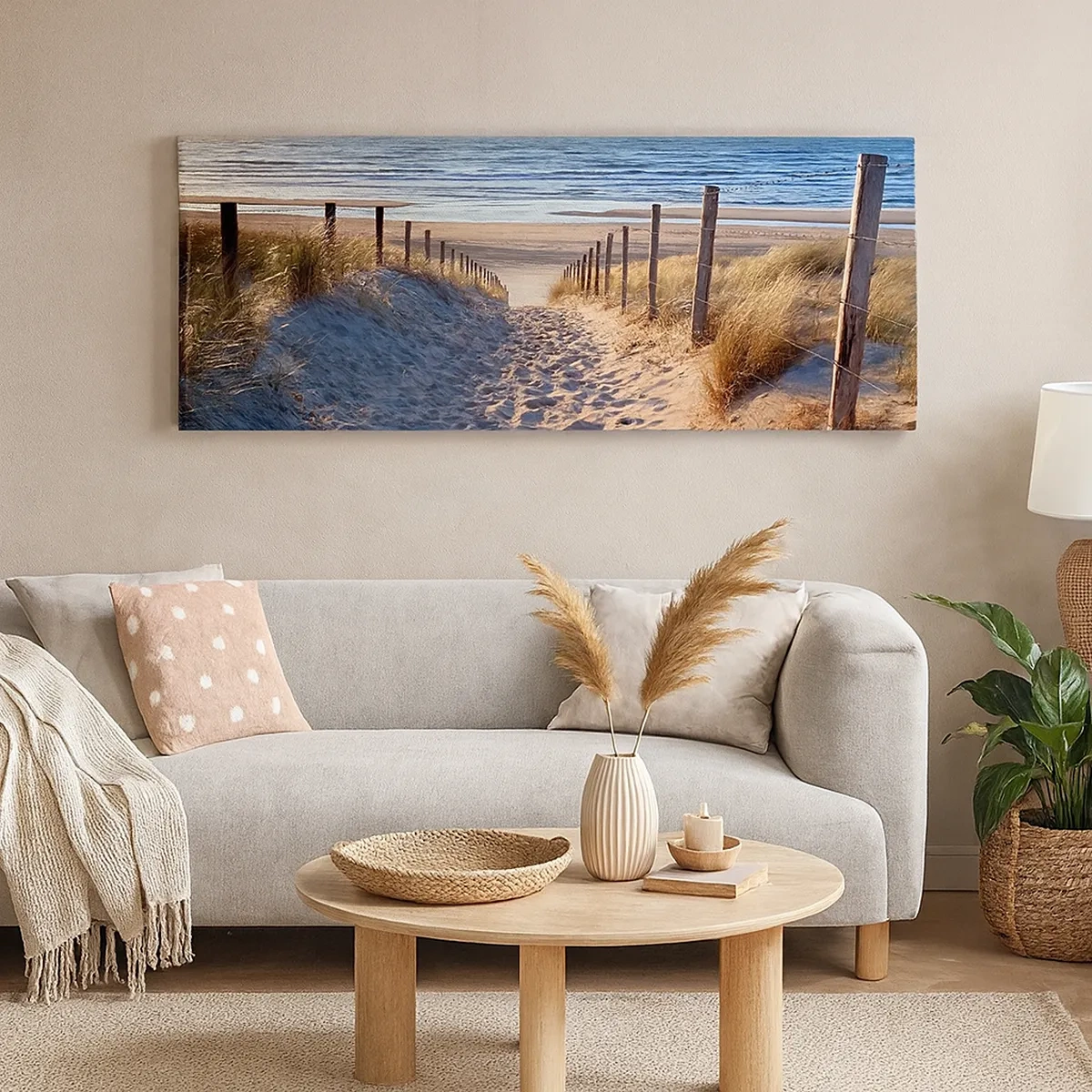 Bild auf Leinwand - Leinwandbild - Das Rauschen des Meeres, der Gesang der Vögel, ein wilder Strand im Gras ... - 30x30 cm