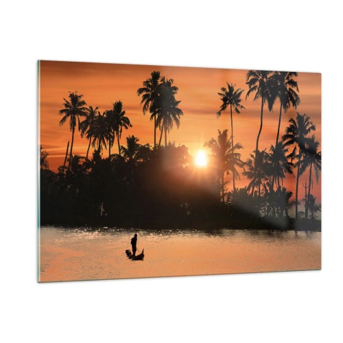 Glasbild - Bild auf glas - Tropische Landschaft mit Palmen und Sonnenuntergang über dem Fluss - 120x80cm - Zeit zum Entspannen - Moderne Wanddekoration für Wohnzimmer und Schlafzimmer ARTTOR