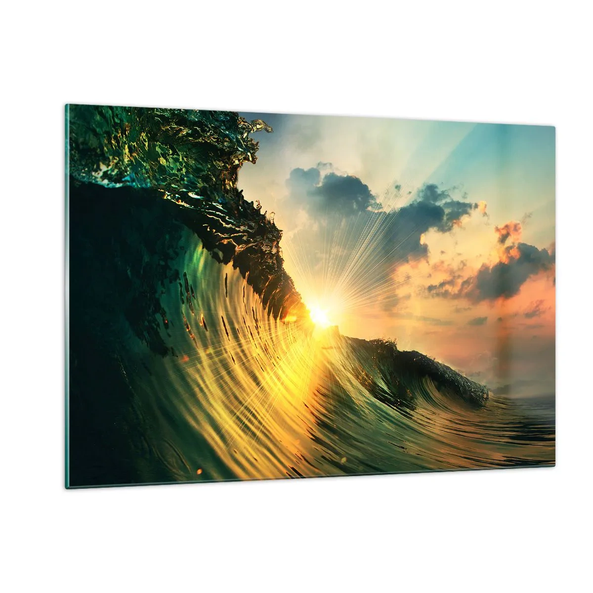 Glasbild - Bild auf glas - Die untergehende Sonne beleuchtet die Meereswellen - 120x80cm - Surfer, wo bist du? - Moderne Wanddekoration für Wohnzimmer und Schlafzimmer ARTTOR