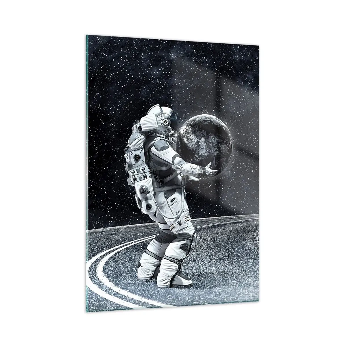 Glasbild - Bild auf glas - Ein Astronaut trägt die Erde auf ihrem Weg durch das Universum - 50x70cm - Auf der Milchstraße - Moderne Wanddekoration für Wohnzimmer und Schlafzimmer ARTTOR