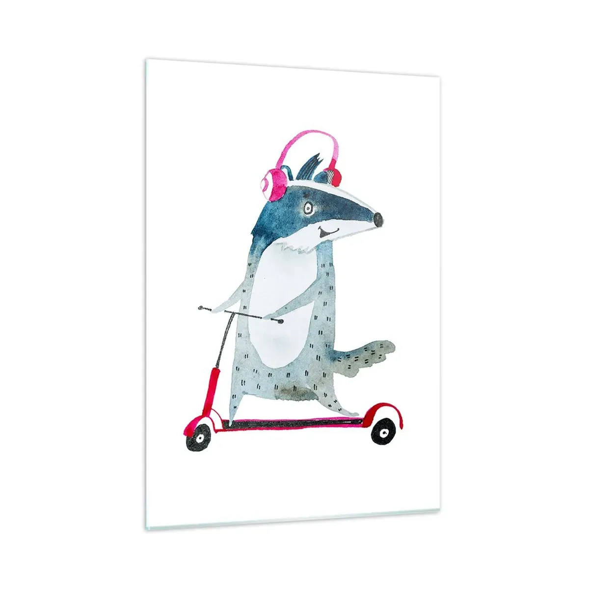 Glasbild - Bild auf glas - Dachs mit Kopfhörern auf einem Aquarell-Roller - 50x70cm - Dachsfreude - Moderne Wanddekoration für Wohnzimmer und Schlafzimmer ARTTOR