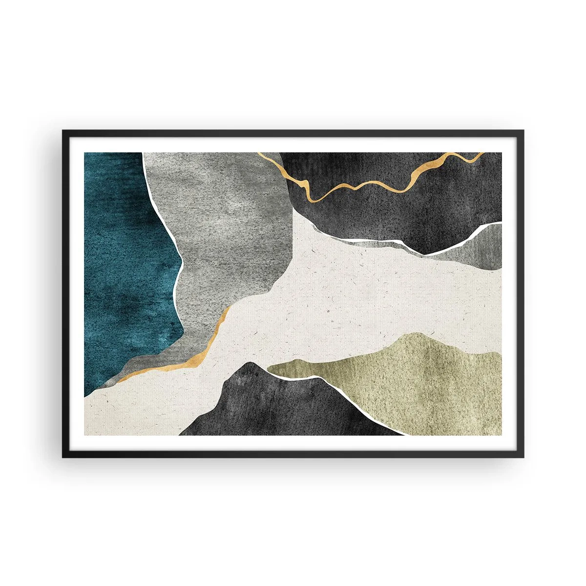 Poster in einem schwarzem Rahmen - Geometrische Formen in Grau-, Grün- und Goldtönen - 100x70cm - Mosaikkomposition mit Goldfaden - Moderne Wanddekoration für Wohnzimmer und Schlafzimmer ARTTOR