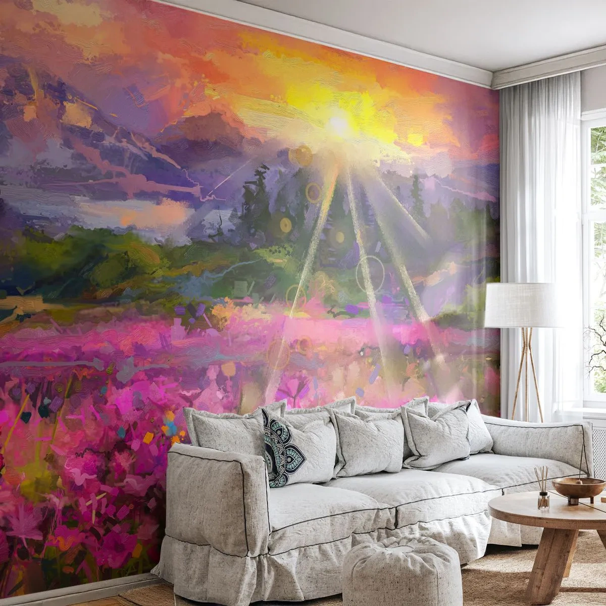 Fototapete Standard Eco - Im Tal unter dem Schutz der Sonne - Abstraktion, Landschaft, Blumen - 200x140 cm