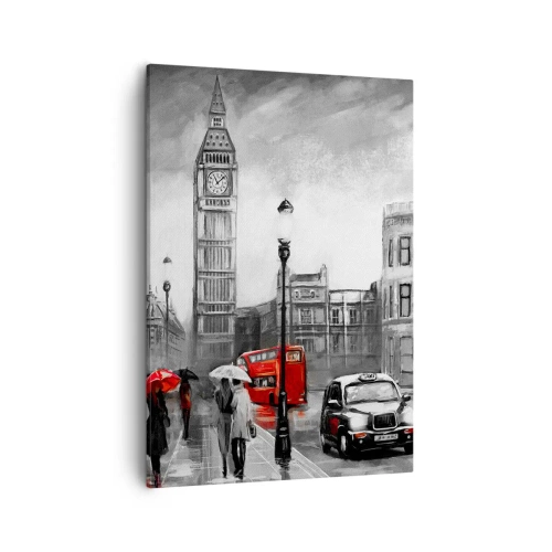 Bild auf Leinwand - Leinwandbild - Eine Londoner Szene in Schwarzweiß mit roten Akzenten - 50x70cm - Gar keine graue Stadt - Moderne Wanddekoration für Wohnzimmer und Schlafzimmer ARTTOR