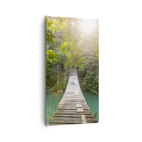 Bild auf Leinwand - Leinwandbild - Über das azurblaue Wasser zum azurblauen Wald - 65x120 cm