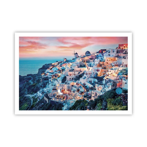Poster - Santorini bei Sonnenuntergang mit weißen Gebäuden auf dem Hügel - 100x70cm - Dein toller griechischer Urlaub - Moderne Wanddekoration für Wohnzimmer und Schlafzimmer ARTTOR