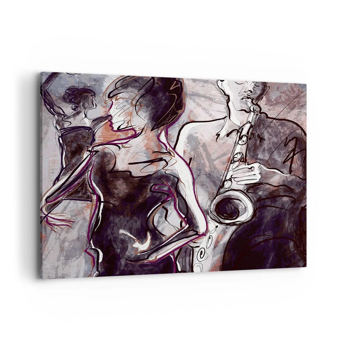 Bild auf Leinwand - Leinwandbild - Abstrakte Jazzszene mit einem Saxophonisten und einer tanzenden Frau. - 120x80cm - In der Musik auflösen - Moderne Wanddekoration für Wohnzimmer und Schlafzimmer ARTTOR