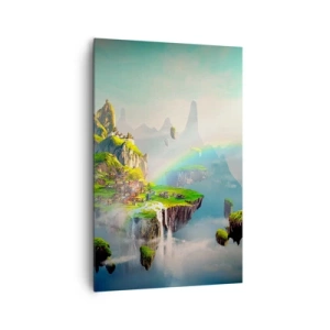 Bild auf Leinwand - Leinwandbild - Fliegende Inseln zwischen den Wolken mit einem Regenbogen am Horizont - 80x120cm - Mitten am Himmel - glückliche Inseln - Moderne Wanddekoration für Wohnzimmer und Schlafzimmer ARTTOR