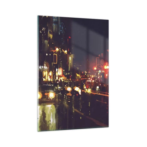 Glasbild - Bild auf glas - Nachtszene in der Stadt mit bunten Lichtern und Straßenreflexionen - 80x120cm - Eingetaucht in die Lichter der Nacht - Moderne Wanddekoration für Wohnzimmer und Schlafzimmer ARTTOR
